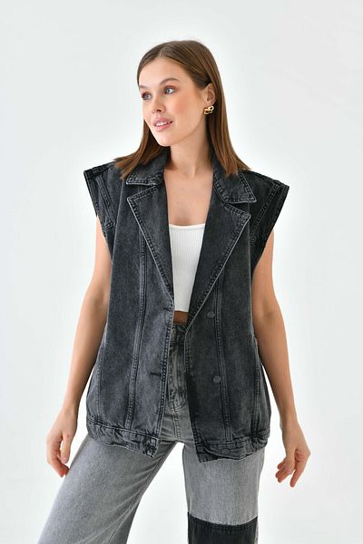 Perryes 100% Cotton Denim Vest with Side Pocket Detail Anthracite