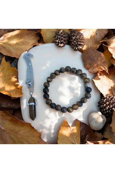 Mithril Club Natural Tiger Eye Bracelet and Necklace Set