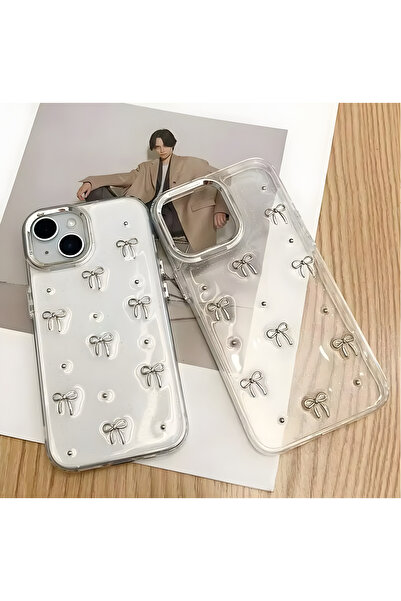 Fibaks Apple iPhone 16E Case Bow Pattern Transparent Silvery Silver Camera Protruding Glossy Cover