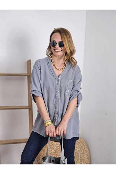 Seviliko Kadın Keten Oversize Gömlek Hakim Yaka Cep Pul Detay Patlı Kol