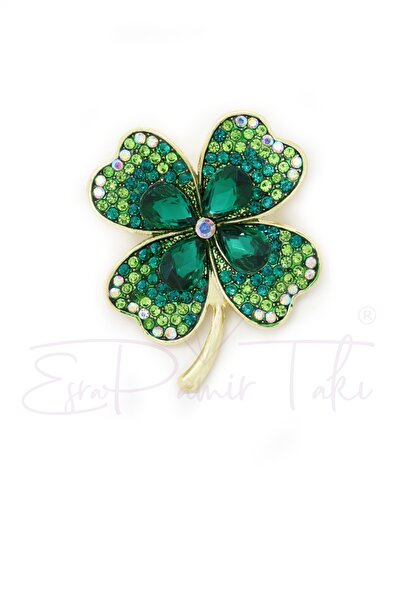 Esra Pamir Yeşil Zirkon Taşlı 4 Yapraklı Yonca Broş