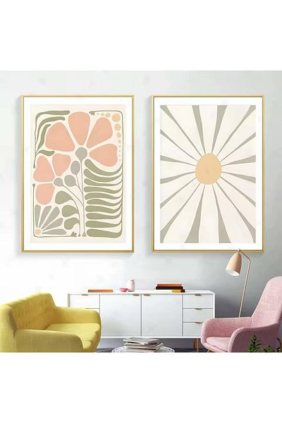 Linacci Set of 2 Gold Metal Framed Abstract Sun Real Glass Painting