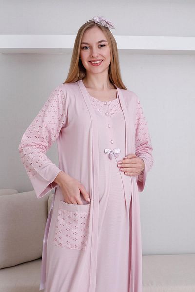 Lohussa Women's Powder Special Design Lace Maternity Dressing Gown Nightgown Set with Dressing Gown