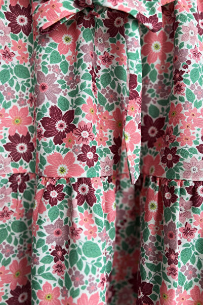 Bold Grup Women's Cherry Floral Layered Skirt Blouse Belted Double Set