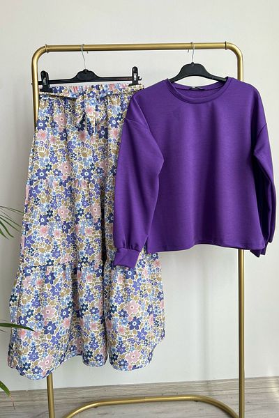 Bold Grup Women's Cherry Floral Layered Skirt Blouse Belted Double Set