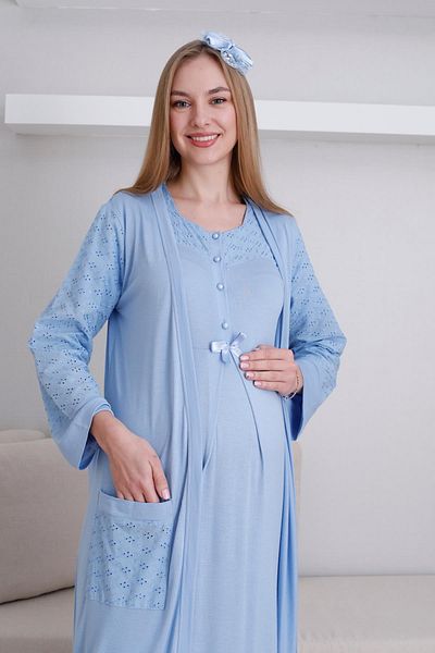 Lohussa Women's Blue Special Design Lace Maternity Dressing Gown Nightgown Set with Dressing Gown