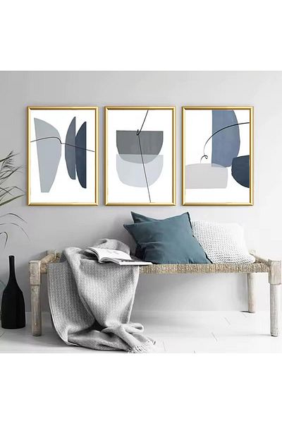 Linacci 3-Piece Gold Metal Frame Gray Abstract Real Glass Painting Set