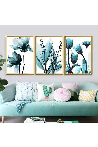 Linacci 3 Piece Gold Metal Frame Blue Flower Real Glass Painting Set
