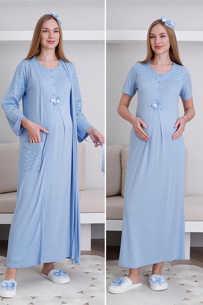 Lohussa Women's Blue Special Design Lace Maternity Dressing Gown Nightgown Set with Dressing Gown