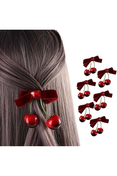 REBORN DESIGN Cherry Model Velvet Bow and Crystal Stone Detailed Red Color 6.5 cm Pen Buckle