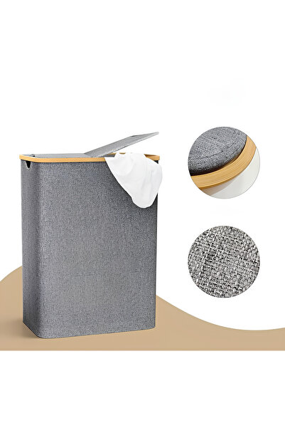 EYD İki Bölmeli Kirli Sepeti 100 Litre Çamaşır Sepeti Katlanabilir Bambu Deta...