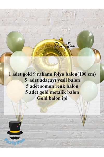 PartyPoo Gold Number Foil Green Balloon Set 15 Birthday Balloon Set