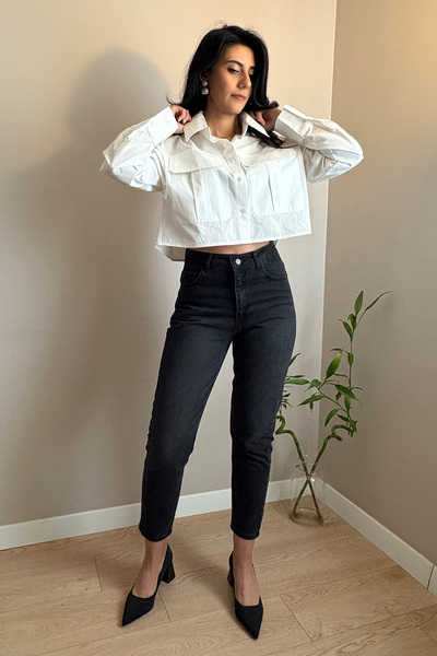 NN SISTER Çift Cepli Beyaz Crop Gömlek