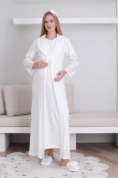Lohussa Women's Ecru Special Design Lace Maternity Dressing Gown Nightgown Set with Dressing Gown