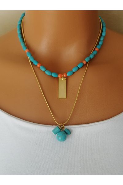LemaStone Natural Stone Necklace: Turquoise - Firusa - Red Coral - Gold Chain