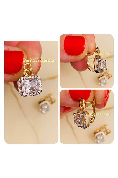 Besito Aksesuar Horizontal Baguette Stone Chain Model Special Series Earrings