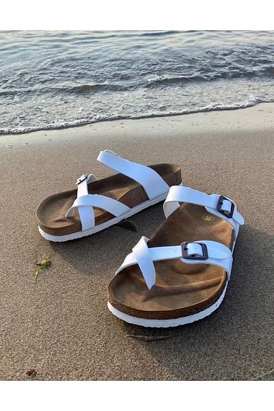 İpek Silk Women's White Cork Sole Head Flip Flops Daily Beach Seaside Slippers