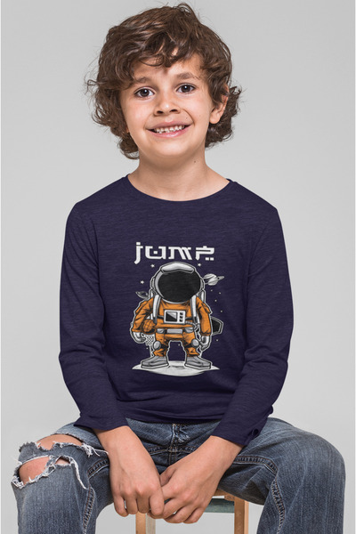Bubuga Erkek Çocuk Uzay Astronot Desenli Lacivert Uzun Kollu %100 Pamuk Tişört