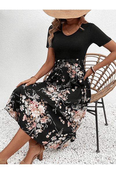 JANES Women's Black Floral Print Short Sleeve Casual Summer Dress