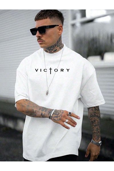 VBSVİBES Victory Printed Single Jersey Λευκό T-Shirt - Oversize T-Shirt με λαιμόκοψη