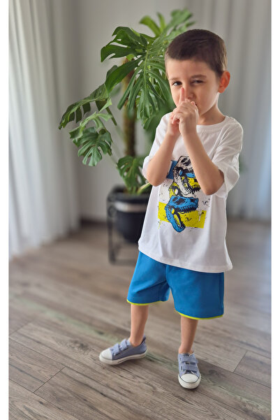 My Baby's World Dinosaur Heads Blue Shorts - Oversize T-Shirt Boys 100% Cotton Summer Suit Mtye0081