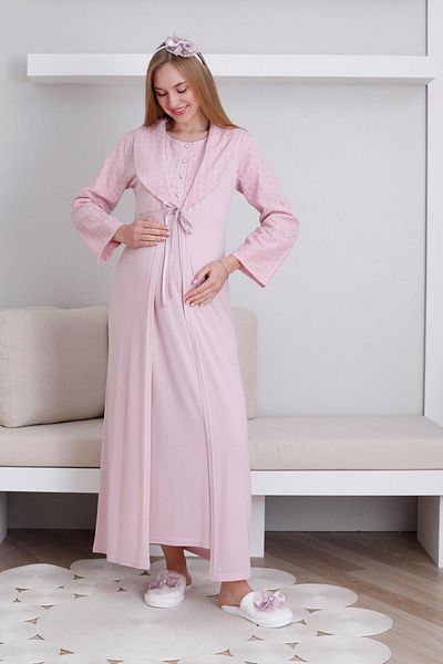 Lohussa Women's Pink Special Design Lace Maternity Dressing Gown Nightgown Set with Dressing Gown