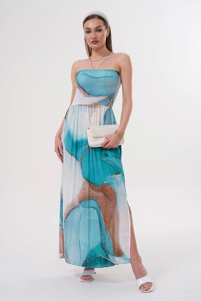 ayakuydur Kadın Turkuaz Straplez Yaka Yazlık Elbise