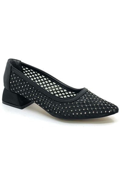 KOCAMANLAR Balerina de damă cu toc scurt Seribo Lace Stone DETALIAT NEGRU