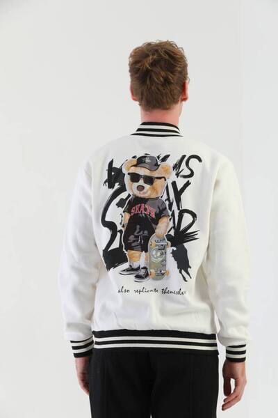 FG KONNİCHİWA Skate Teddy Bear Printed Bomber College Coat Elastic Waist College Jacket Coat