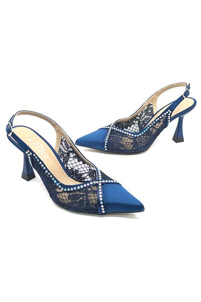 KOCAMANLAR Feles Satin Lace Stone Detailed Open Back Stiletto Women's Heeled Shoes Dark Blue