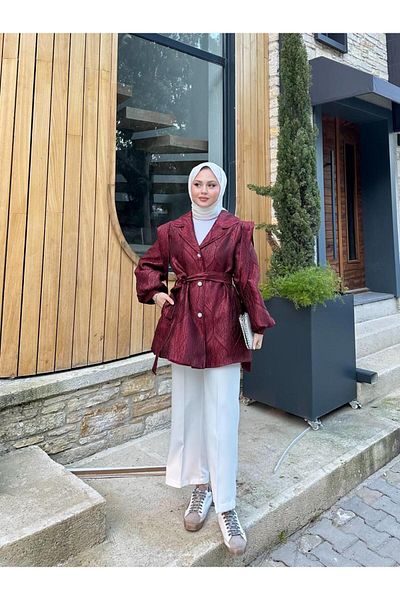 Cardella Jachetă jacquard căptușită cu detaliu cu butoni cu balon Jachetă cu curea țesătă jacquard asortată cu hijab