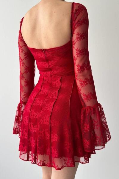 lovebox Shiny Long Sleeve Red Lace Mini Dress - ETK-001
