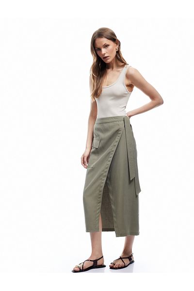 Koton Cupro Fabric Asymmetrical Cut Belted Cargo Pocket Long Double Breasted Skirt