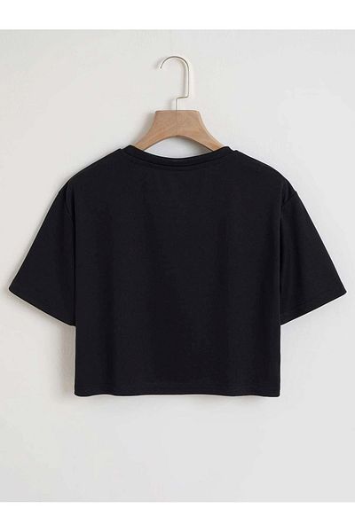 VBSVİBES Bear Minimal Hearts Printed Women's Crop Black T-Shirt