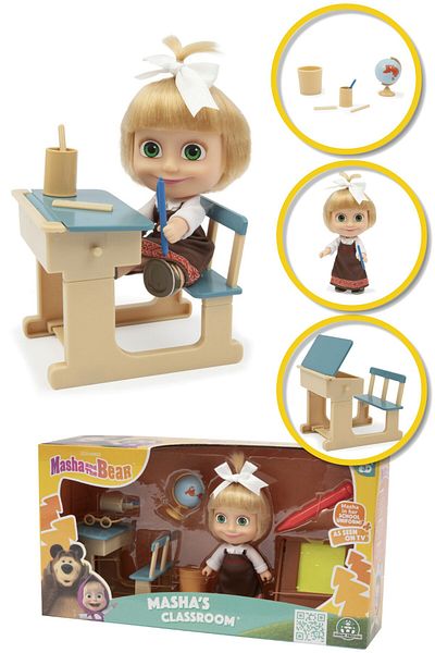 TOYFEST ماشا والدب 12 سم مجموعة لعب مدرسية مع دمية ماشا وقلم ولوحة قابلة للمسح