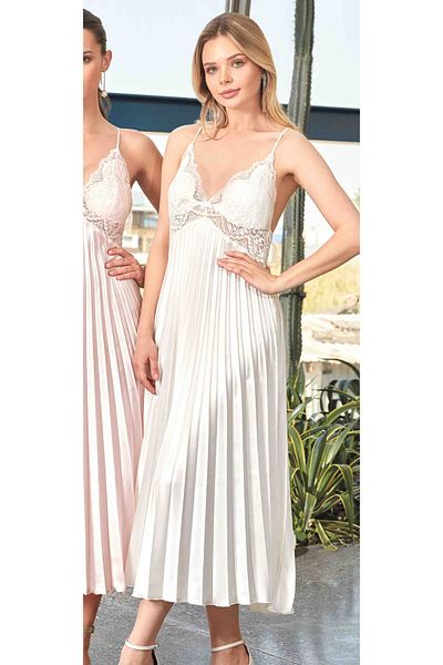 Nurteks 9337 Long Pleated Silky Satin Nightgown