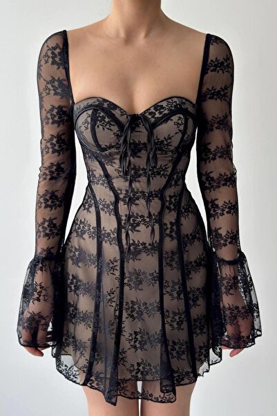 lovebox Vintage Lace Mini Dress - Long Sleeve, A-Line, Short Dress for Autumn Prom, Evening Party