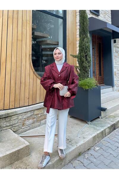 Cardella Jachetă jacquard căptușită cu detaliu cu butoni cu balon Jachetă cu curea țesătă jacquard asortată cu hijab