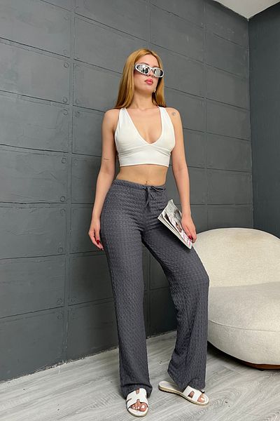 MOZENA Seersucker Waist Lace-Up Trousers