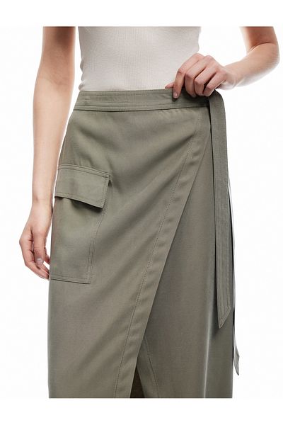 Koton Cupro Fabric Asymmetrical Cut Belted Cargo Pocket Long Double Breasted Skirt