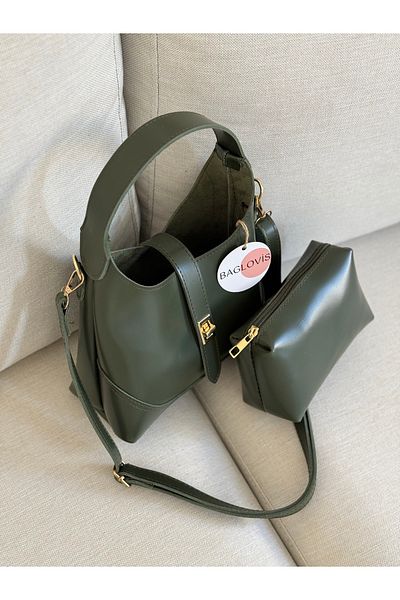 BAGLOVİS Makeup Bag Shoulder Clay, Long Strap, Partial Small Khaki Women