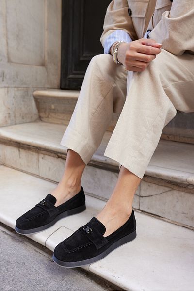 ANGELİNA JONES Lugo Women's Black Real Leather Suet Loafer Shoes
