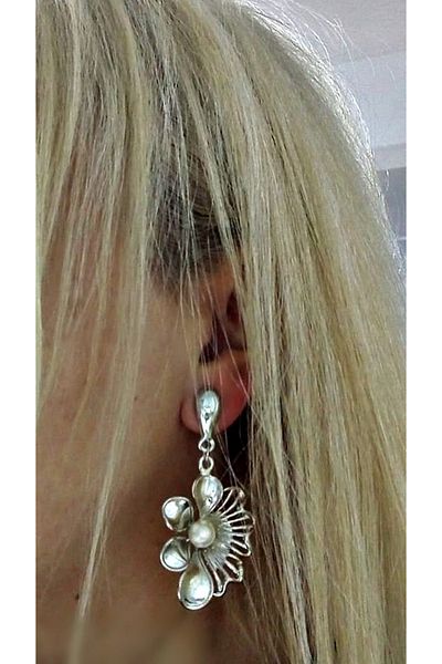 mos&more Silver Color Pearls Large Dangle Stylish Flower Women's Earrings