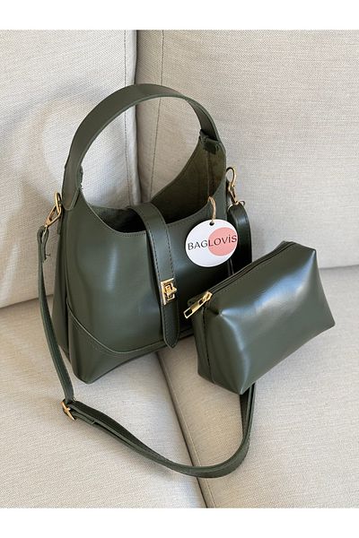 BAGLOVİS Makeup Bag Shoulder Clay, Long Strap, Partial Small Khaki Women