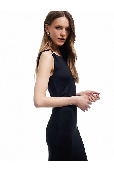 Koton Asymmetric Neckline Sleeveless Midi Pencil Dress with Metal Accessories