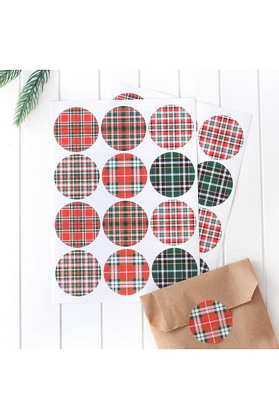Sticksy New Year's Plaid Patterned Round Sticker, 4.2 Cm 2 Sheets