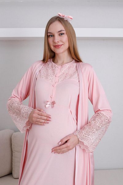 Lohussa Women's Salmon Design Lace Dressing Gown Maternity Maternity Dressing Gown Nightgown Set