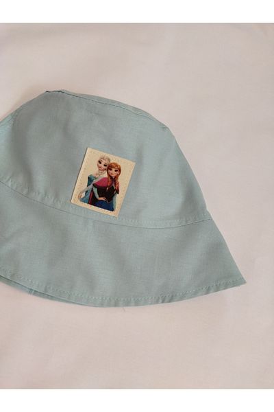 HEREN BUTİK Girl's Bucket Hat Blue with Elsa Label - Summer, Organic Cotton 1-6 Years