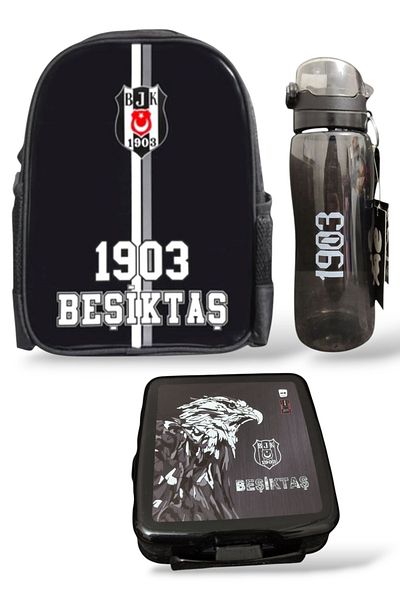 Beşiktaş Licensed Kindergarten Bag 1903 500ml Water Bottle and Nutrition Container Eagle Printed 3-Piece School Set