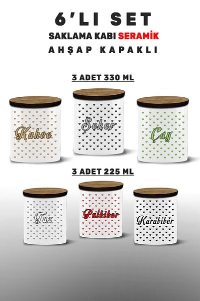yeditepe hayat Salt - Pepper - Flaked Pepper - Tea - Sugar - Coffee - Spice Set - 6 Storage Containers - 6Mdl6